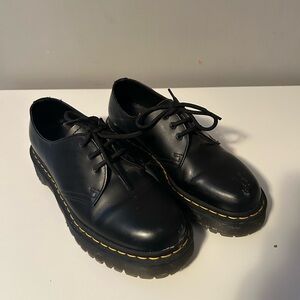 Dr. Martens Black Leather 3-Eye Derby Shoes with Yellow Stitching